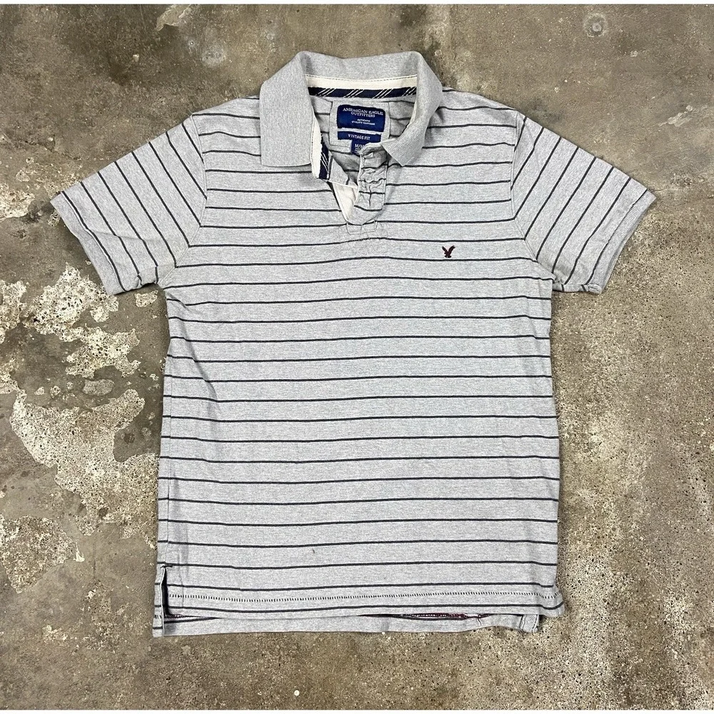 Vintage Y2K American Eagle Outfitters Polo Shirt Size Medium Gray Black Striped